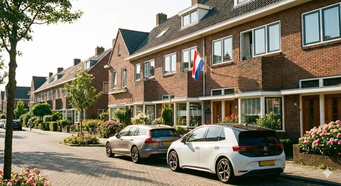 Nederlandse woonstraat met bakstenen huizen